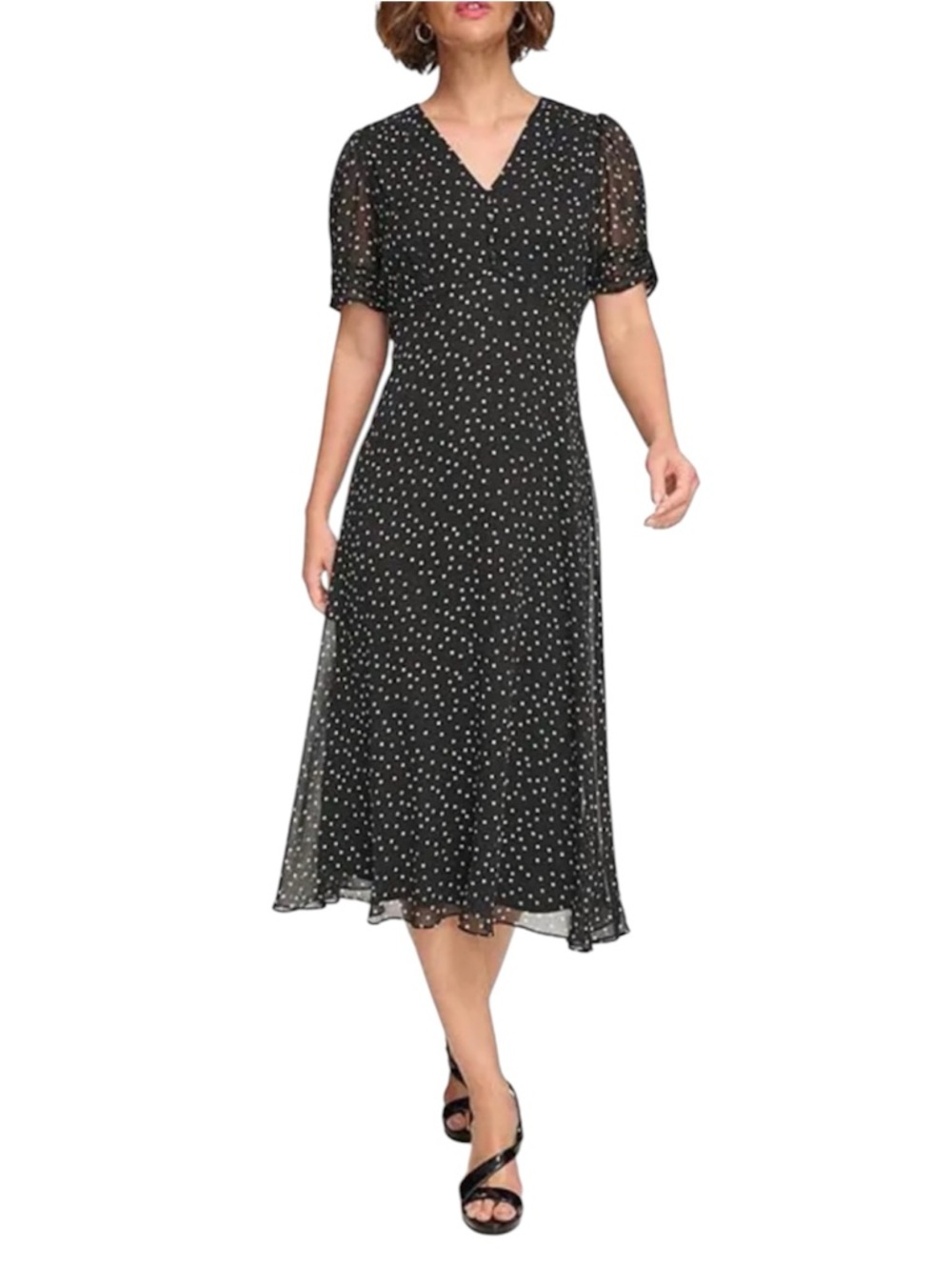 DKYN Black Polka Dot V-Neck Short Sleeve Midi  A-line Chiffon Dress